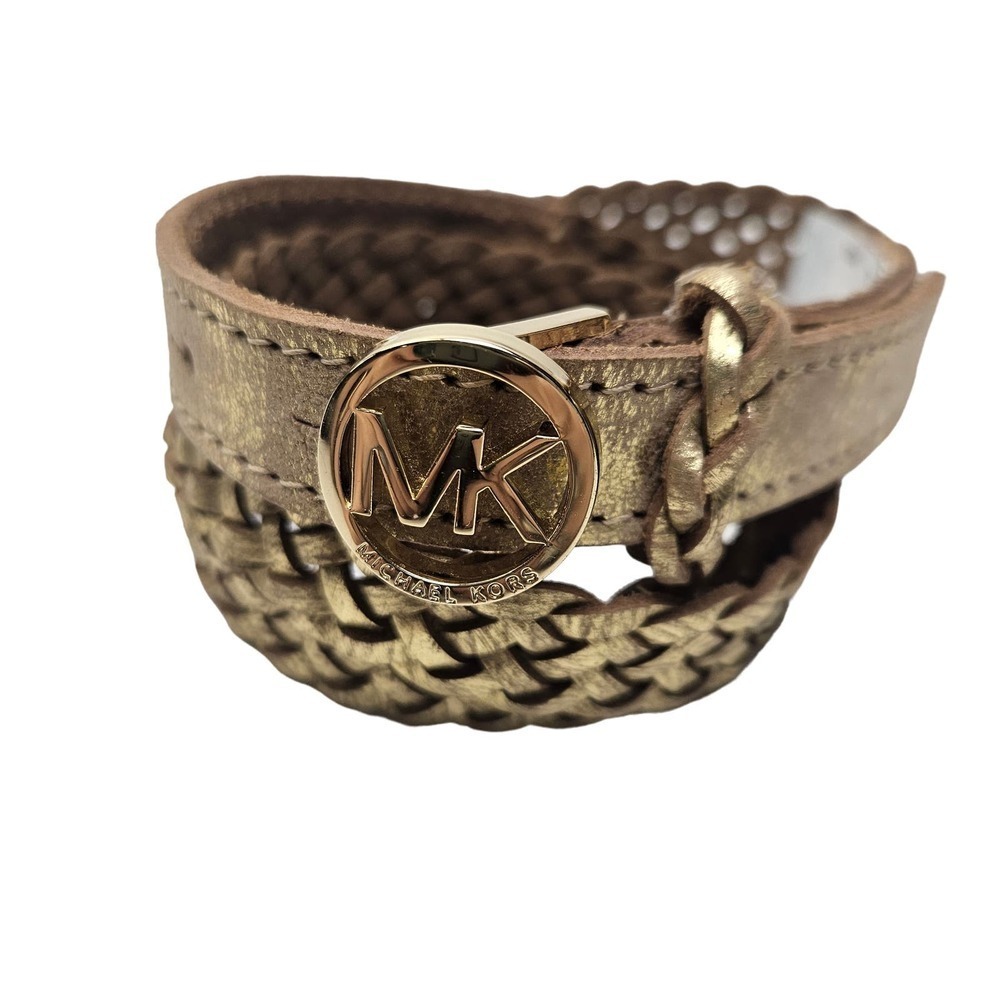 Michael Kors Braided Leather Belt Women's‎ S MK Logo Buckle Gold Flecked